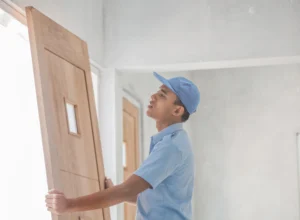 close up shot worker installing new door